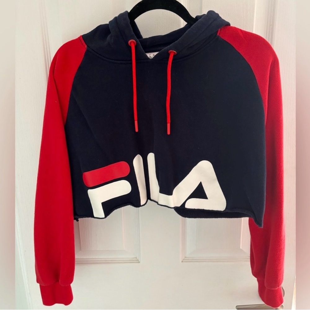 Fila Women's Red and Blue Cropped Hoodie Sweater